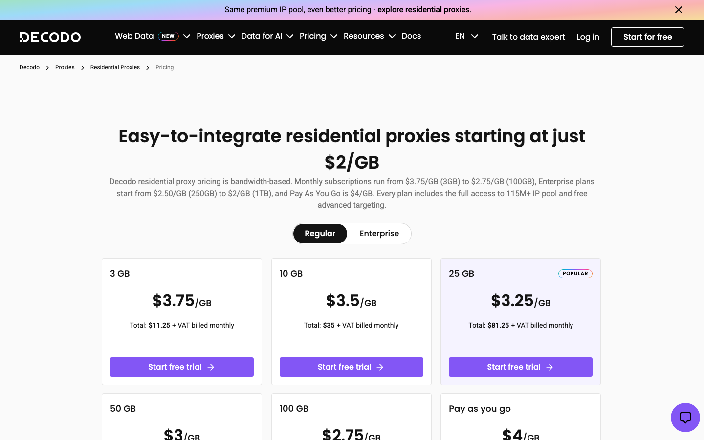Decodo pricing page