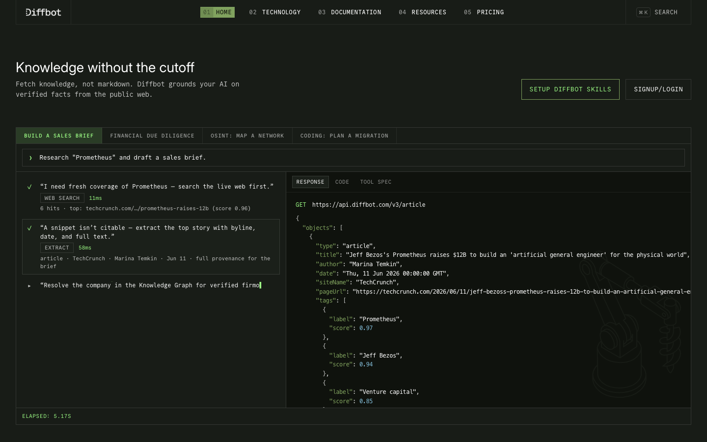 Diffbot landing page