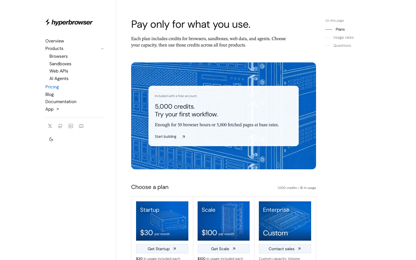 Hyperbrowser pricing page
