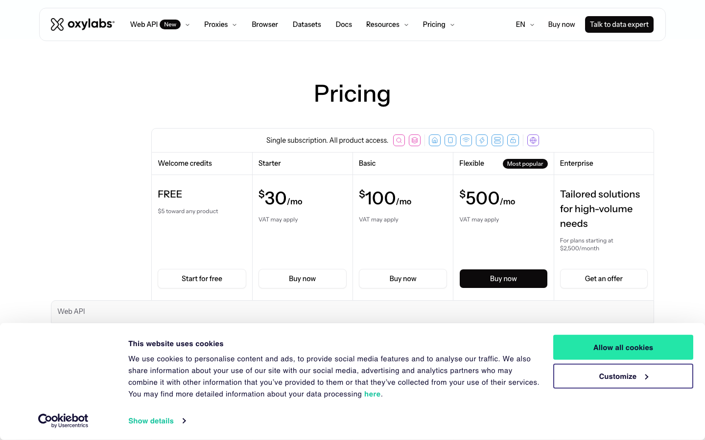 Oxylabs pricing page