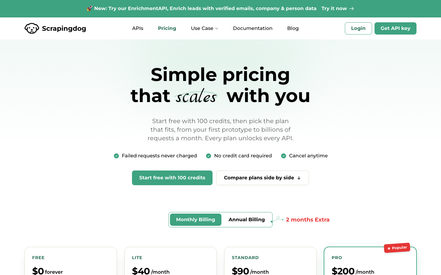 Scrapingdog pricing page