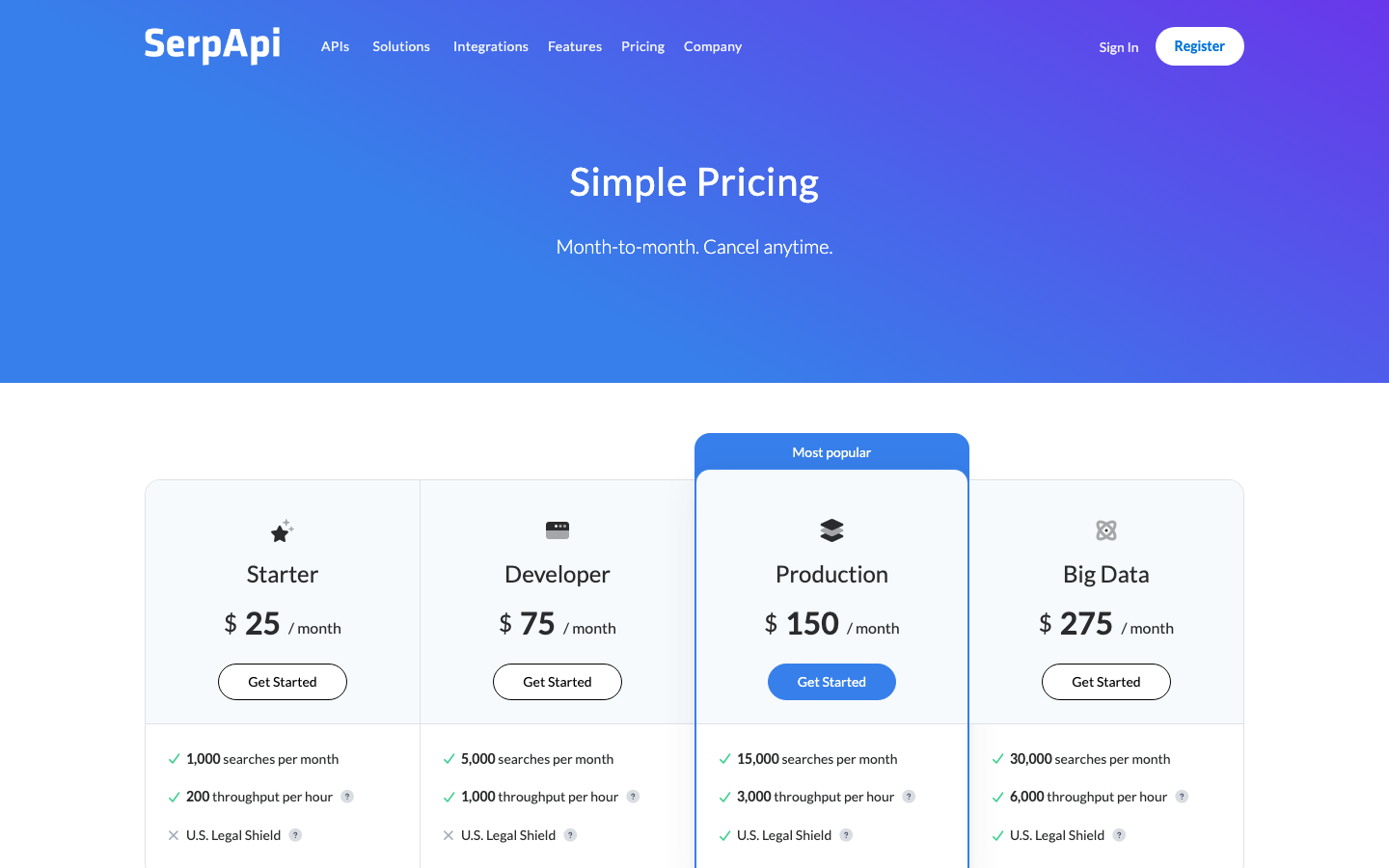 SerpApi pricing page