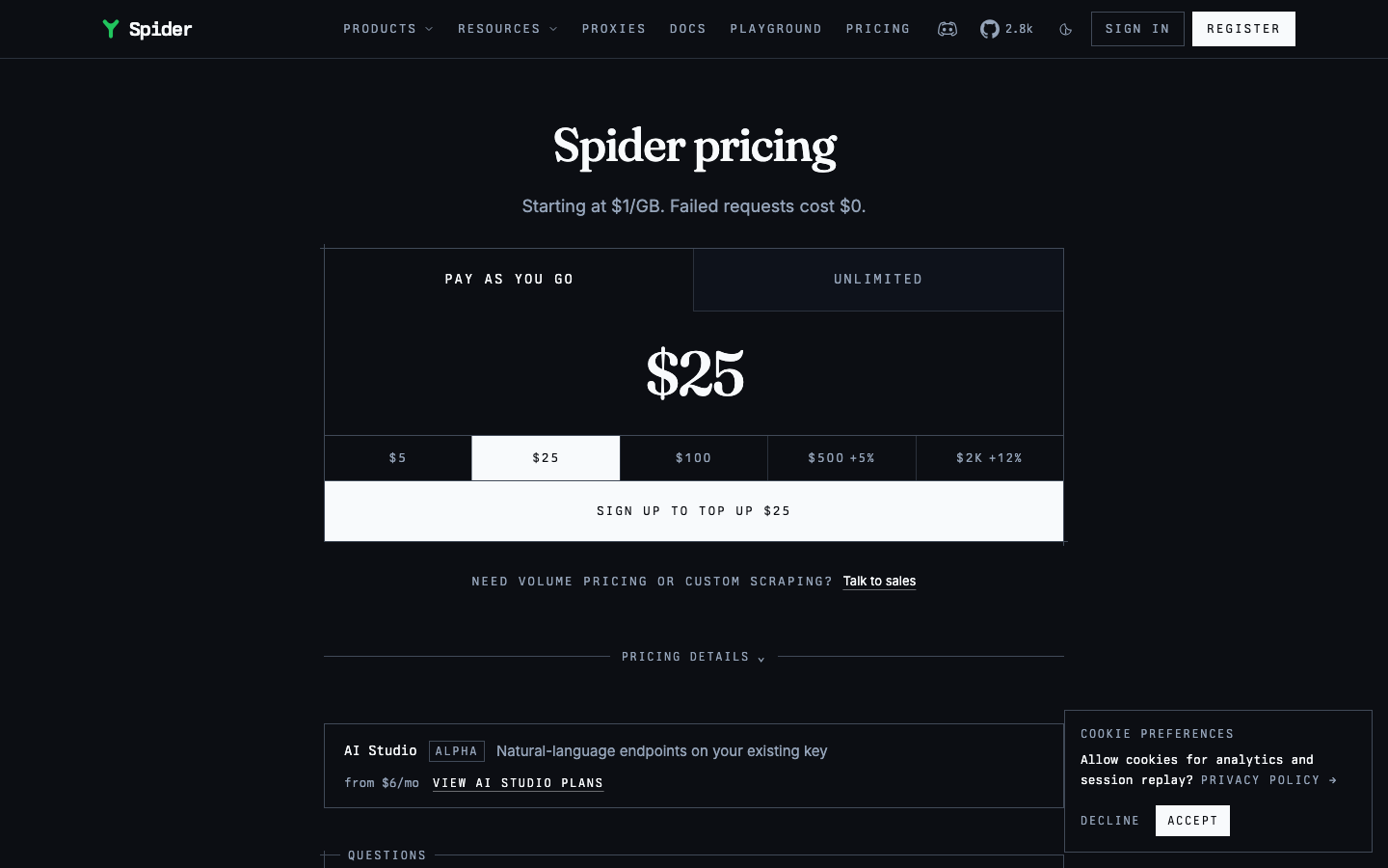 Spider Cloud pricing page