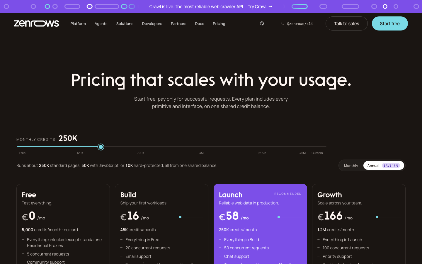 ZenRows pricing page